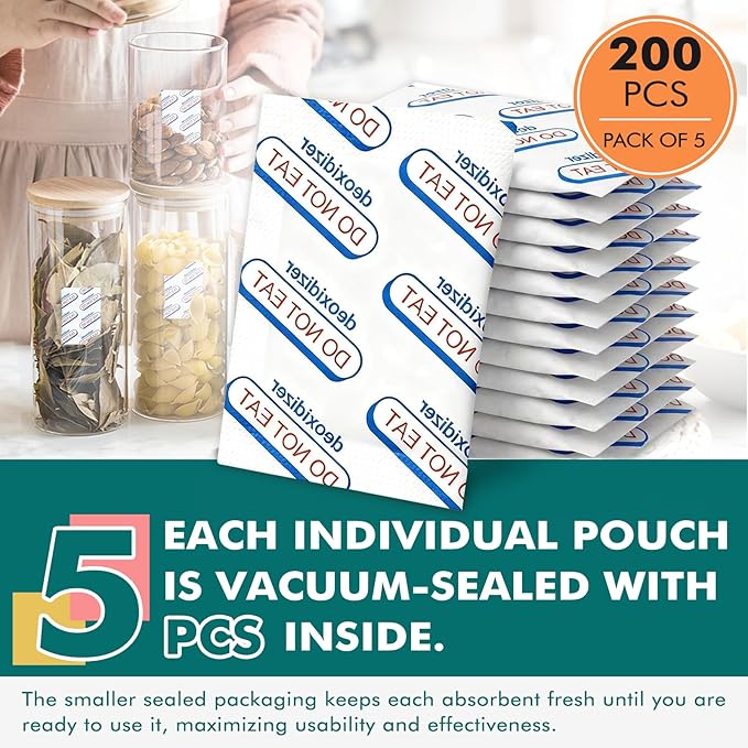 200 Packs 200CC Oxygen Absorbers for Food Storage, Food Grade Oxygen Absorbers with Indicator, for Long Term Food Storage,Mylar Bags,Canning,Freeze Dryer,Dehydrated & Preserved Foods (40x Packs of 5)