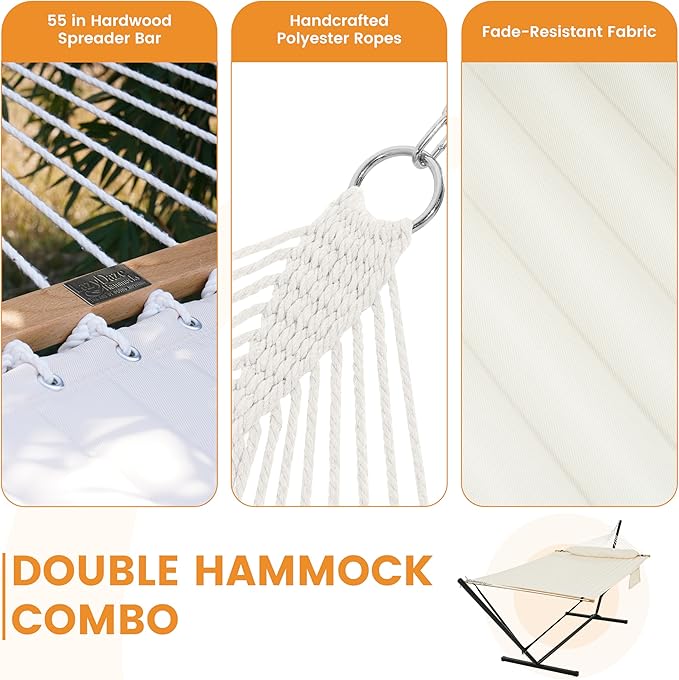 Lazy Daze Hammocks 2 Person Hammock with 12FT Stand for Outside, Quilted Double Hammock with Detachable Pillow, Balance Strap & Carrying Bag Included, 450lbs Capacity, Easy Tool-Free Assembly, Natural