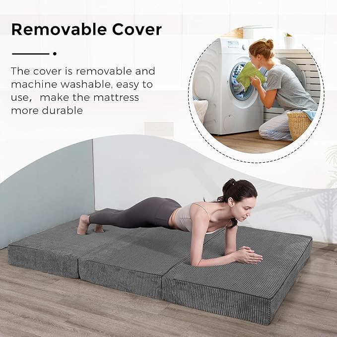 BYBYME Corduroy Tri-Folding Mattress, 6 Inch Folding Mattress Topper, Foldable Soft Guest Bed Camping Pad, with Washable Cover (Dark Grey, Queen)