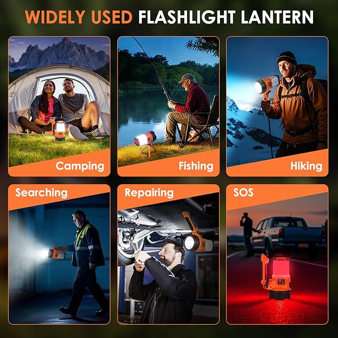 BOBKID Tripod Rechargeable Camping Lantern, 6 Modes LED Flashlight Handheld Spotlight with 4000LM, IPX4 Waterproof Searchlight Work Light for Emergency Hiking Survival Kit - Orange