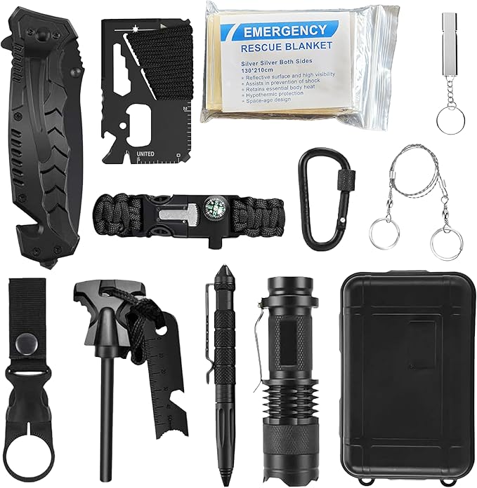 Emergency Survival Gear Kit 12-in-1 – Outdoor Adventure Equipment with LED Tactical Flashlight, Fire Starter Glass Breaker Pen – Camping Hiking Hunting Accessories – Survival Gifts for Men Dad Husband