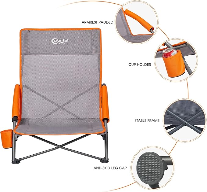 Portal Beach Chairs for Adults Camping Low Lightweight Portable Chair with Cup Holder Mesh Back Carry Bag for Outdoor Sand Lawn Travel Picnic Festival Concert