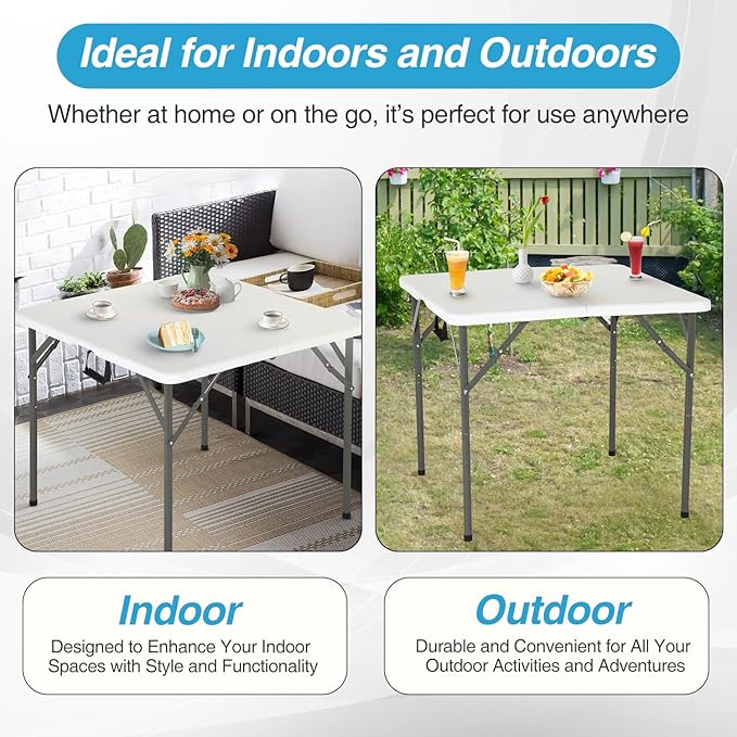 FDW 34" Folding Card Table Plastic, Portable Square Height, Perfect for Party and Parties Backyard Events, White