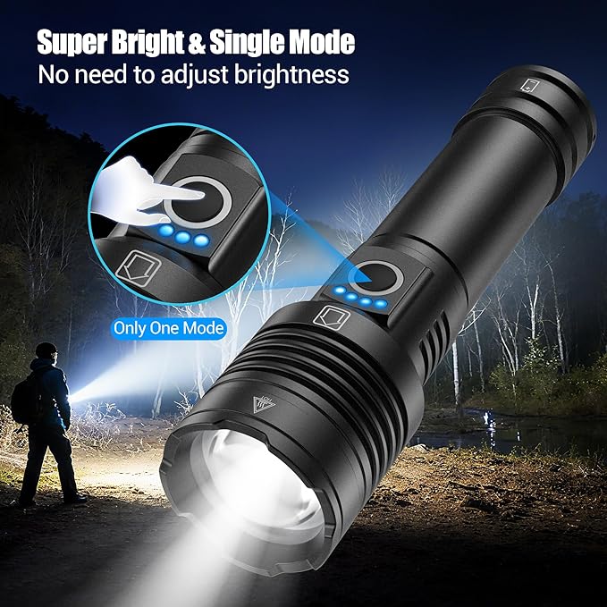 Rechargeable Flashlights High Lumens 100,000 Single One Mode - 2 Pack, Super Bright Powerful 30W LED, Long Lasting 12 Hours, USB C Input, Handheld 6.81” Length, for Hiking Home Gift