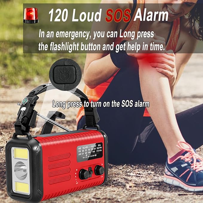 Emergency Hand Crank Radio, NOAA Weather Radio, 20000mAh Rechargeable Solar AM/FM Radio, Portable USB-C Fast Charger, Flashlight, Reading Lamp SOS Alarm for Hurricane Storm Camping Hiking (Red)