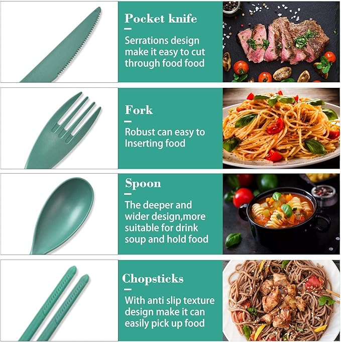 Large Reusable Travel Utensils Set with Case, Plastic Set for Adults Travel Picnic Camping, Portable Flatware Cutlery Set with Chopsticks for Daily Use(Dark Green)