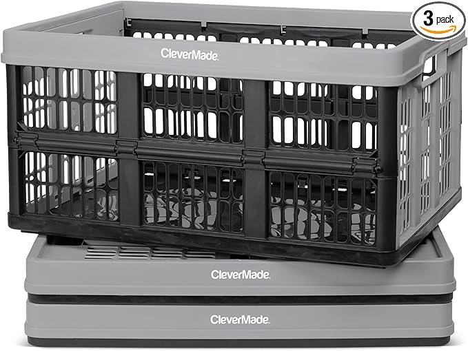 CleverMade Collapsible Utility Crates, Stone, 3-Pack, 45L/11 Gal, 66 lbs Capacity, Stackable, Space-Saving