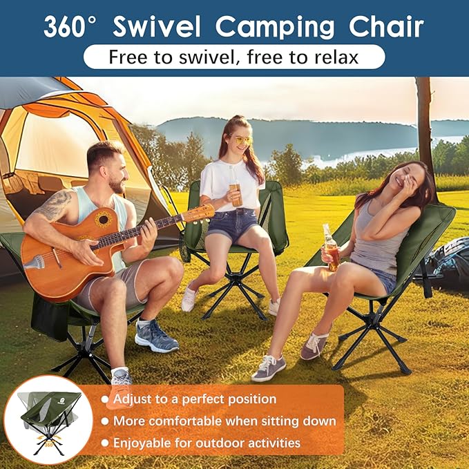 Raynesys Portable Camping Chair 1 Pack, 8 Seconds Quick Setup Folding Camping Chair, Flexible 360° Rotation, 3.8Lb Lightweight Travel Chairs for Easy Carry to Hiking, Sporting, Beach, Army Green