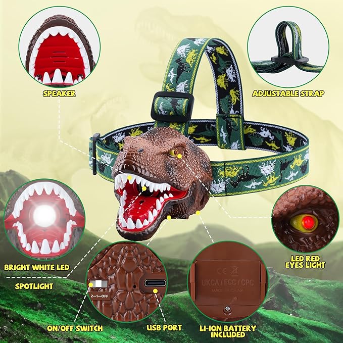 Nitigo Dinosaur Headlamp for Kids Flashlight Rechargeable Led Headlights Roar & Silent Mode, T-Rex Dinosaur Toys for Kids 3-5 4-6 5-7 6-8, Camping Gear, Easter Gifts for Boys Girls Adults