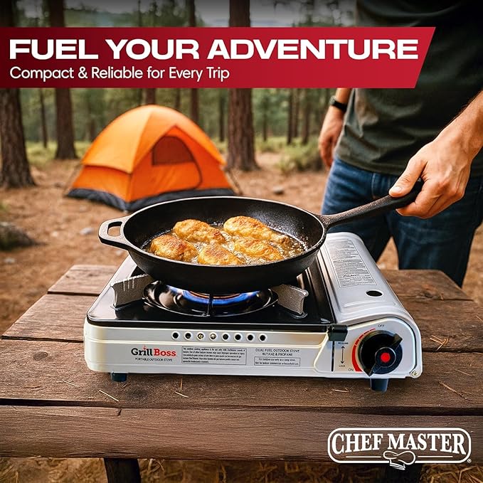 Grill Boss Dual Fuel Camp Stove - 12,000 BTU Butane & Propane Portable Stoves for Camping, Emergencies, BBQ, Hiking & Backpacking - Double Wind Guard, Instant Piezo Ignition System - 90057