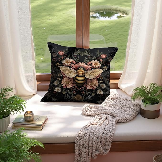 Vintage Moody Floral Bumblebee Pillow Covers 18x18, Dark Cottagecore Decor, Dark Academia Botanical Wildflower Honey Bee Decorative Throw Pillow Covers for Home Bedroom Living Room