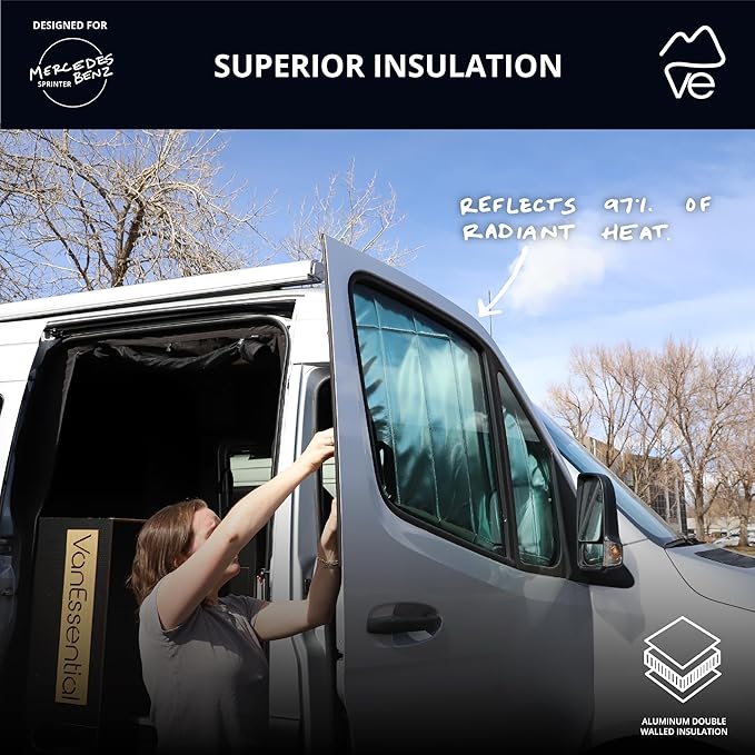 VanEssential Insulated Reflective Blackout Magnetic Window Covers Designed for Mercedes-Benz VS30 (Van Years 2019 to Current), Front Door (Pair), Black Reflective