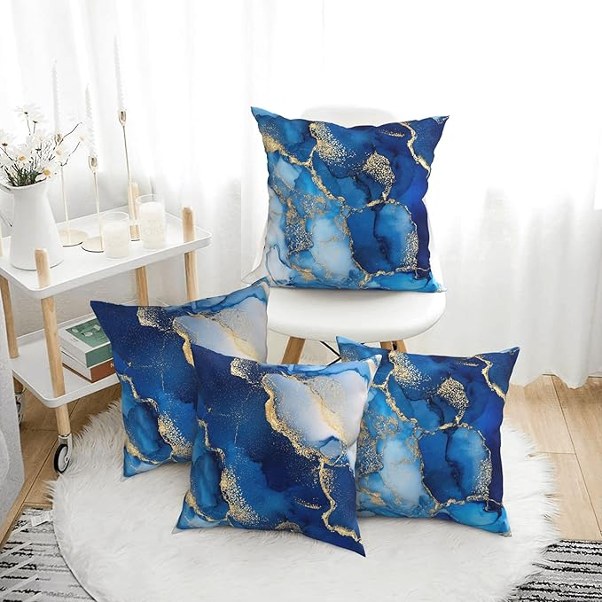 Blue Marble Throw Pillow Covers 18 X 18 Inch Set of 4 Decorative Cushion Cover Home Decor for Sofa Chair Couch Bedroom Living Room