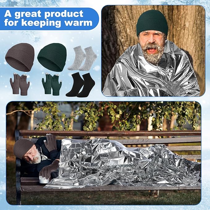 400 Pcs Thermal Blankets Winter Warmth Set Bulk, Warm Socks Winter Touchscreen Gloves Beanie Hats Emergency Foil Blankets (Elegant)