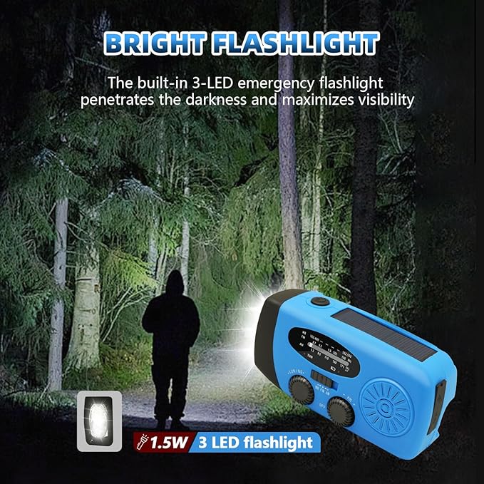 WVL Hand Crank Weather Radio, NOAA Emergency Radio Portable AM/FM Solar Powered 7400mWh with Flashlight, SOS Siren & Phone Charger for Camping & Survival(Blue)