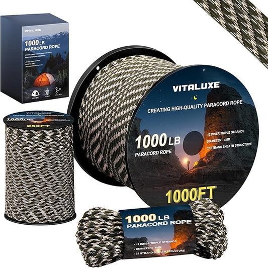 1000lb Paracord Rope, 4mm 12 Triple Strands Paracord, Heavy Duty Tactical Parachute Cord for Survival Gear, Camping, Hiking, and Ideal for Bracelets, Lanyards, Type III