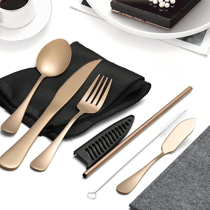 Travel Utensils with Case, Portable Silverware Set Stainless Steel Lunch Box Travel Cutlery Set for Work, Camping, Picnic, Hiking, Office (Rose Gold)