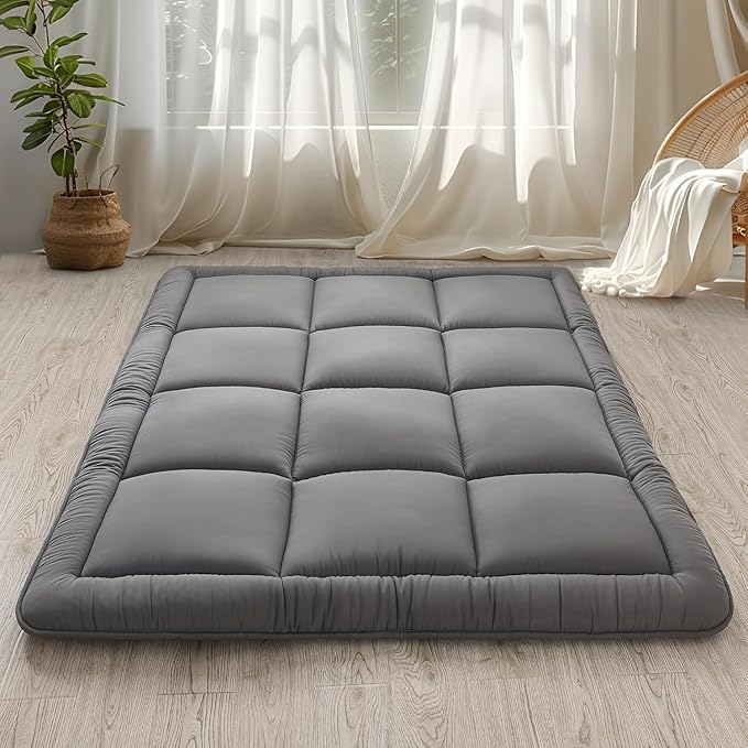 WhatsBedding Japanese Floor Mattress Futon Mattress 3" Grey Tatami Mat Shredded Memory Foam Filled Sleeping Pad, Foldable & Portable Roll Up Lounger Camping Bed,39"x 80" Twin Size