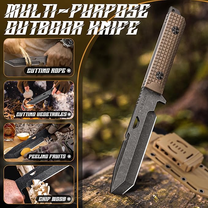 Dragon Creek Tactical Knife Kydex - Outdoor Survival Knife with Sheath D2 Steel Blade G10 Full Tang Handle for Camping Hiking Christmas Thanksgiving Gift Men Brown