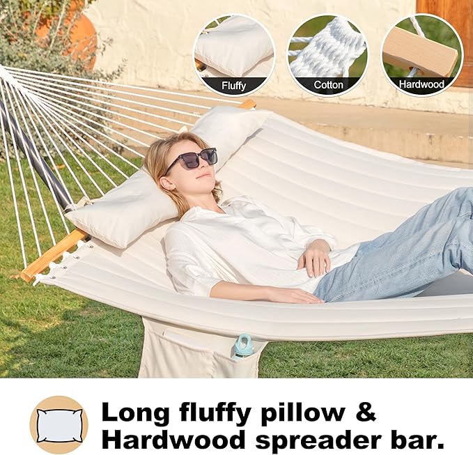 GAFETE 2 Person Hammock with Stand for Outside, Heavy Duty Steel Stand, Double 55inch Hammocks, Large Removable Pillow, Storage Bags, Max 475 lbs Capacity (Beige)