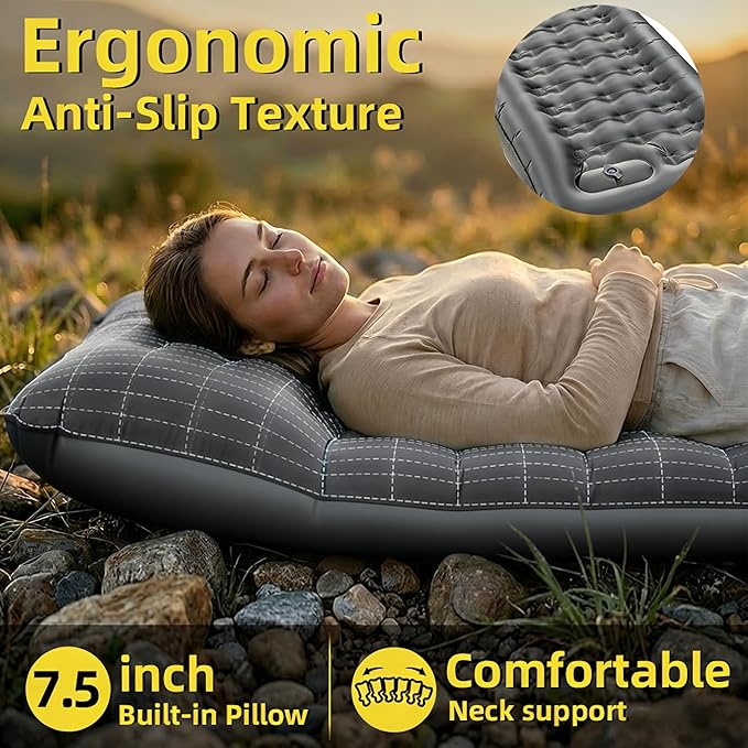 Camping Sleeping Pad, Extra Thick 6 Inch Camping Mat with Built-in Pillow & Foot Pump, Ultralight Inflatable Sleeping Pad for Backpacking Hiking Travel Tent(Gray)