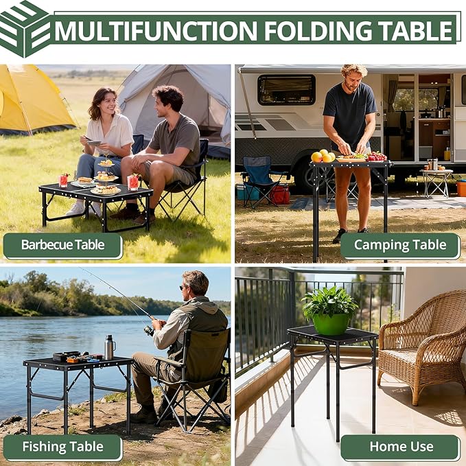 EYPINS 2ft Folding Grill Table with 3 Adjustable Heights Max 27.6'',Aluminum Heat-Resistant Cooking Camping Table,Lightweight Portable Side Table with Handle for Outside Patio BBQ,Black 22.8''x15.7''