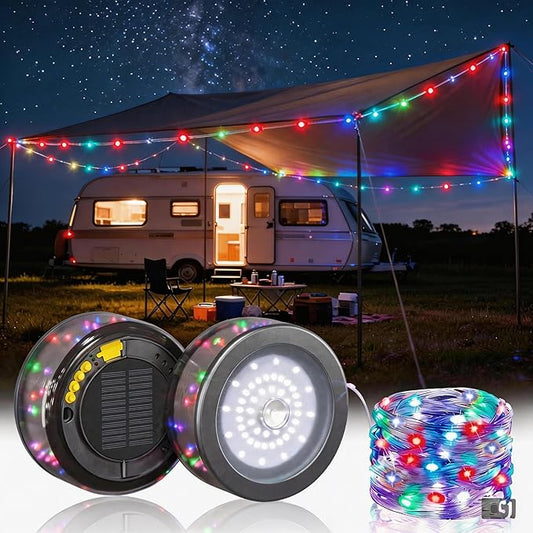 5200 mAh Solar Camping String Lights, Portable RGB Fairy String Light, 33FT 4-in-1 Waterproof Hanging String Lights, USB-C Rechargeable Phone Charger for Christmas Decor, Patio, Party