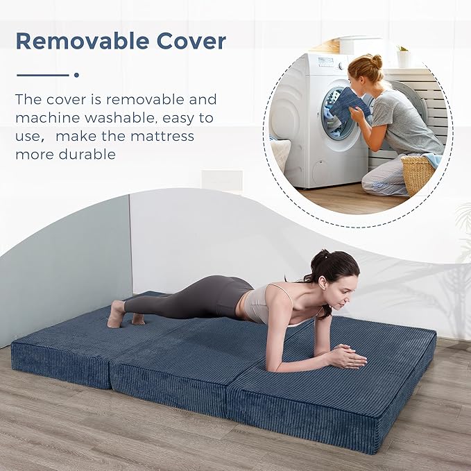 BYBYME Tri-Folding Corduroy Mattress, 6 Inch Gel Folding Mattress Topper, Foldable Soft Guest Bed Camping Pad, Washable Cover (Bluestone, Queen)