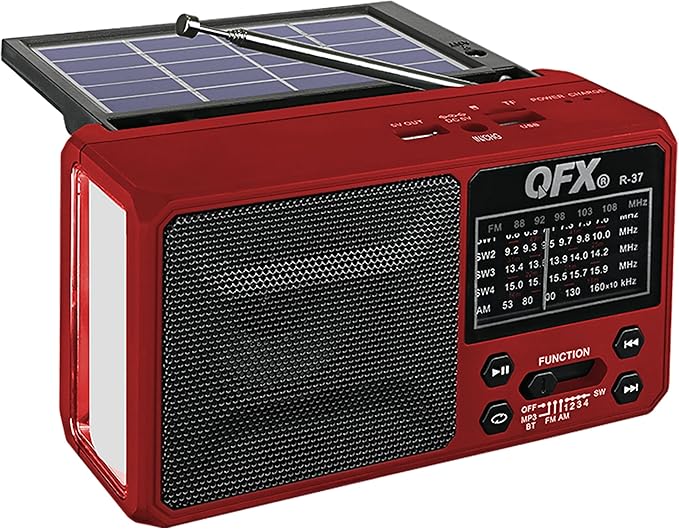 QFX R-37 (AM, FM, SW1) 6-Band Solar Powered Radio with Bluetooth, LED Flashlight, USB & Micro SD Ports