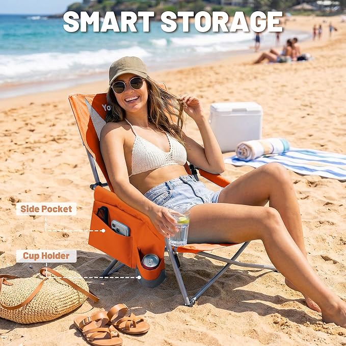 Youtanic Beach Chairs 2 Packs, Folding Portable Chair for Adults, Standard Back Extra Wide Seat with Cup Holder & Carry Bag, Lightweight Camp Chair for Outdoor, Beach, Sand, up to 350lbs, Orange