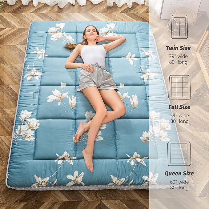MAXYOYO Floral Printed Futon Mattress, Padded Japanese Floor Mattress Quilted Bed Mattress Topper, Extra Thick Folding Sleeping Pad Breathable Floor Lounger Guest Bed for Camping Couch, Queen Size