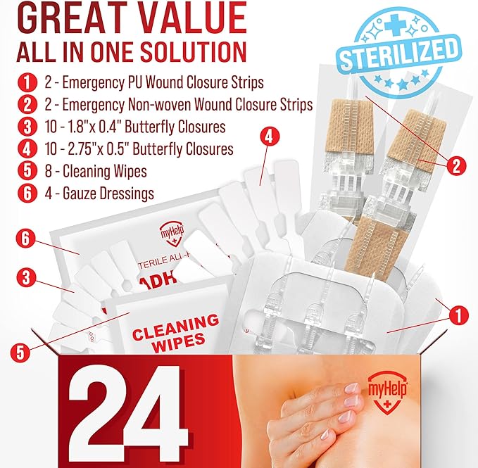 Emergency Wound Closure Strips - 24pk - 3 Types Easy to Use Butterfly Bandages - Stitchless & Painless Laceration Closure Kit