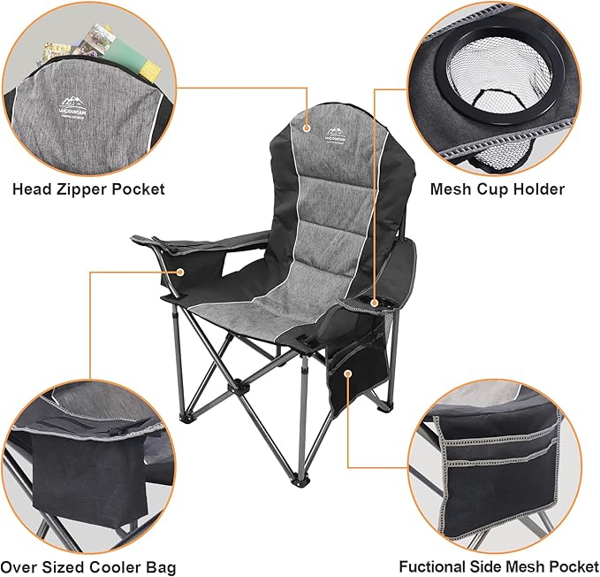 Camping Chairs for Adults,High Back Folding Camp Chair with Cup Holder and Cooler Bag,Heavy Duty Outdoor Lawn Chairs,Perfect for Camping,Hiking,Picnics,and Beach Trips,Black