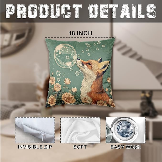 Fantasy Bubble Fox Pillow Cover 18x18, Fox Decor for Home, Boho Whimsical Forest Animal Rose Floral Decorative Throw Pillow Cover for Home Bedroom Living Room Sofa Couch