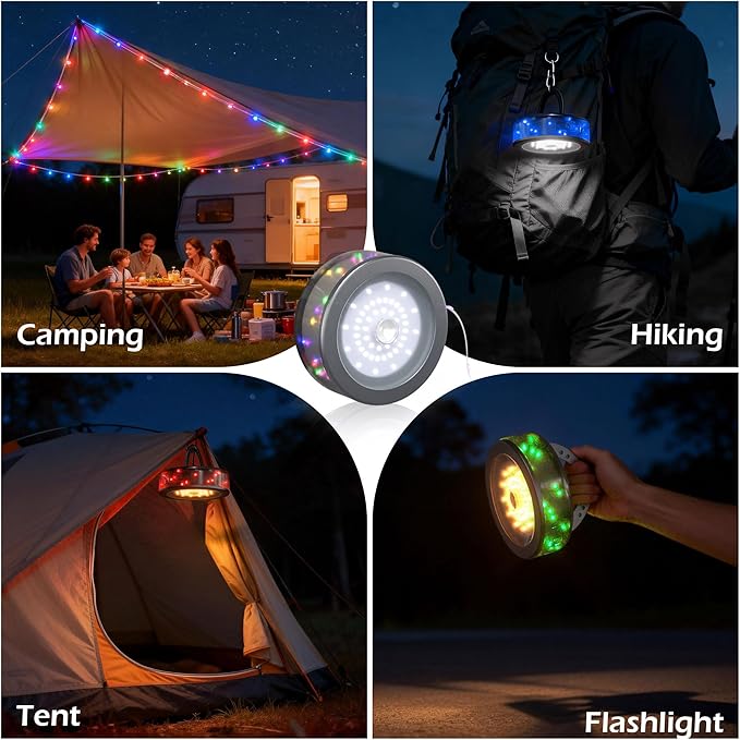 5200 mAh Solar Camping String Lights, Portable RGB Fairy String Light, 33FT 4-in-1 Waterproof Hanging String Lights, USB-C Rechargeable Phone Charger for Christmas Decor, Patio, Party