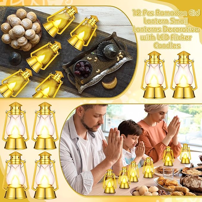 Ferraycle 12 Pcs Mini Lantern for Centerpiece Western Wedding Decor 4 Inch Camping Decorative with LED Candle Vintage Hanging Lantern Ornaments Bulk for Cowboy Cowgirl Xmas Party Decoration (Gold)