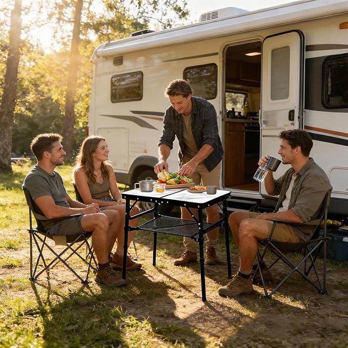 YUFIFAIRY Small Folding Camping Table, 2ft Portable Table with 3 Adjustable Heights, Aluminum Lightweight Foldable Picnic Table with Mesh Layer and Extension Legs for RV, Camp and Indoor (Black Frame)