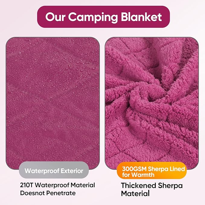Waterproof Camping Blanket w/Sherpa Lining, Large Stadium Blankets for Outdoor Cold Weather, Windproof Emergency Throw, LightWeight and Warm for Hiking, Dog, Picnic, Washable, 67”X 87” (Purple, 1PCS)
