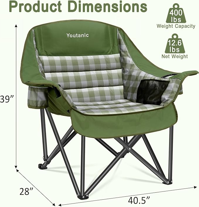 Youtanic Padded Camping Chairs for Adults, Heavy Duty 400 lbs Foldable Lawn Chair, Oversized Ergonomic Outdoor Seat with Classic Plaid Design, Cup Holders & Storage Pockets for Fishing, Sports, Green