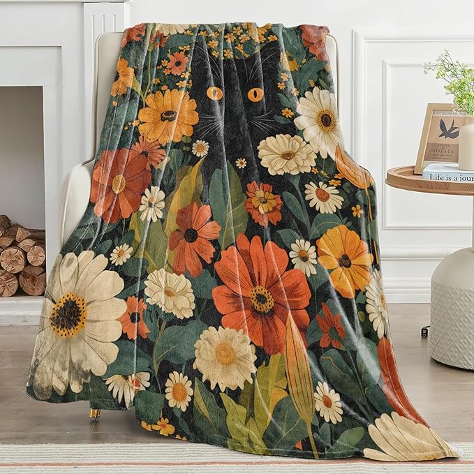Black Cat Blanket Cute Orange Eyes Kitten Surrounded by Autumn Flowers Throw Blankets Lightweight Flannel Throws for Camping Couch Chair Office Home Decor Gifts for Pet Lover,60x50inch