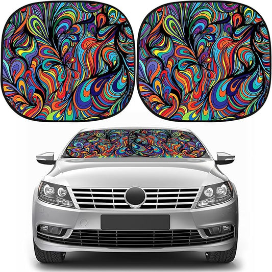 Moukeren 2 PCS Windshield Sun Shade for Car Foldable Window Covers for Car Accessories Reflect UV Sun Heat Protector for Universal Cars SUV Truck RV (Abstract, 31.75 x 28.75 Inch)