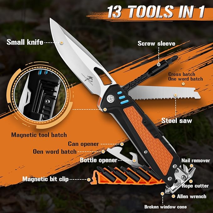 Purple Dragon Multitool,13-in-1 Pocket Knife with Sheath,Perfect for Camping, Hiking & Outdoor Use, Gift for Men Dad Husband– Orange