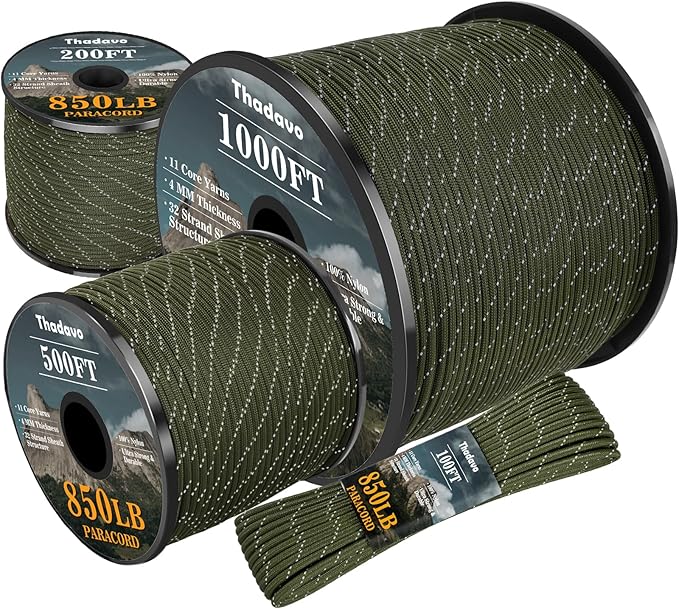Reflective Parachute Rope 850Ib, 50/100/200/500/1000ft 4MM 11 Strand Paracord Cords, Tactical Paracord String for Camping, Fishing, Hammock, Tent & Survival Bracelet, Army Green 1000FT
