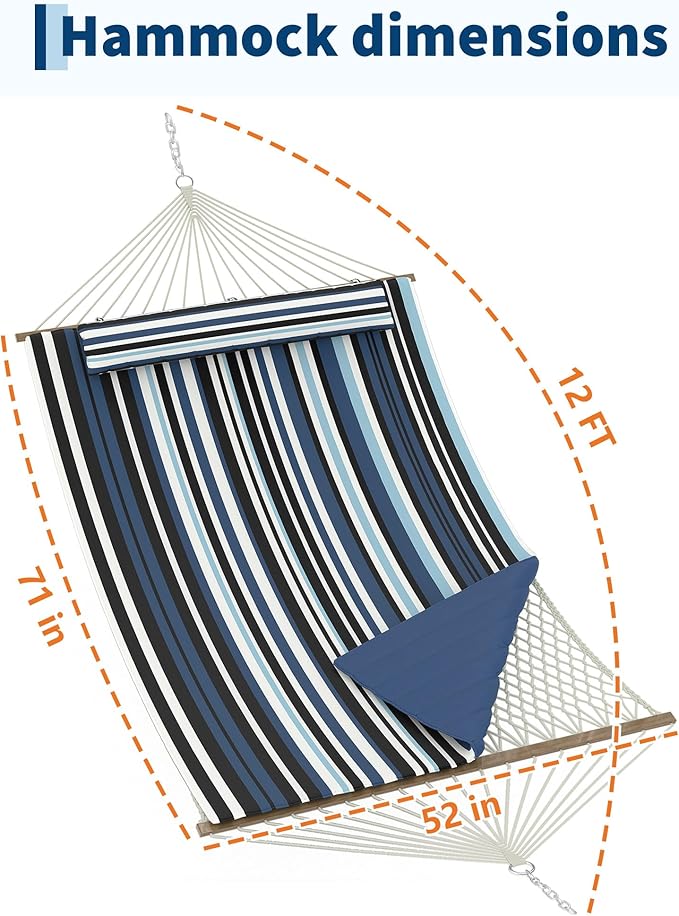 2 Person 12FT Hammocks for Outside, Double Quilted Fabric Outdoor Hammock with Spreader Bar, Large Removable Pillow, Storage Pockets, Carabiners, Max 450 Lbs Capacity