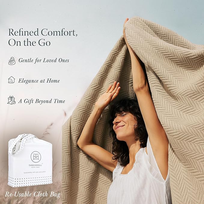 Threadmill Luxury Cotton Blankets for Queen Size Bed | All-Season 100% Cotton Queen Size Blanket | Herringbone Cozy, Soft Breathable Fall Thermal Blanket fits Full Size Bed, 90x92 | Beige