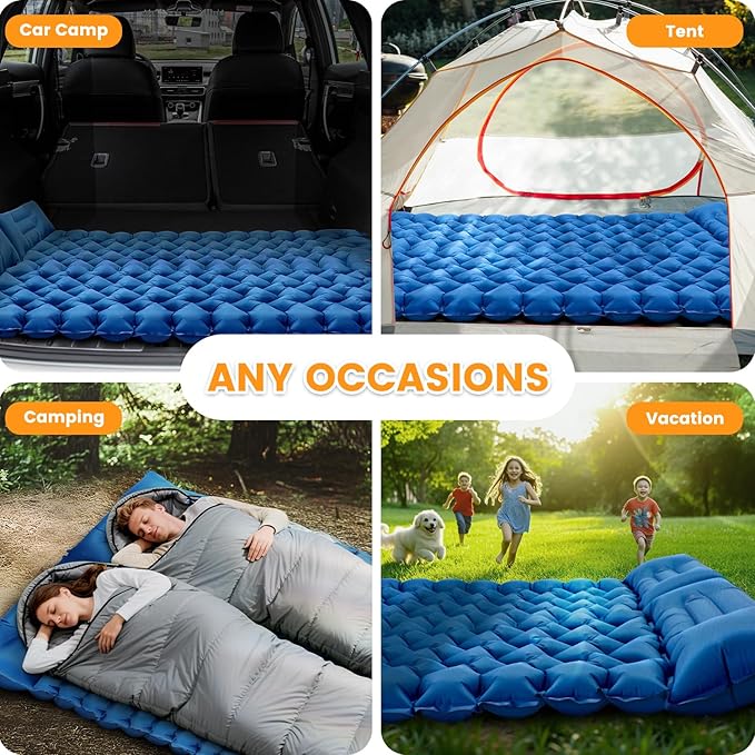 Sleeping Pad for Camping 2 Person, Double Camping Pad with Built-in Foot Pump and Pillow, Inflatable 4in Extra-Thick Ultralight Air Mattress for Backpacking, Hiking, Travel, Tent, Car, Gift