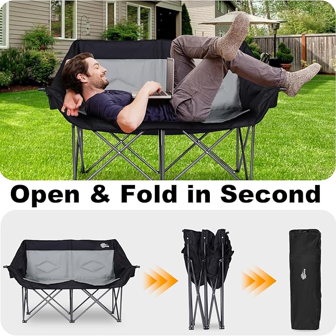Bolosy 2 Person Camping Chair Camping Loveseat Oversized Double Folding Camping Chair Heavy Duty Two Person Camp Chair Love Seat Dou Chairs Sport Lawn Chair for Adults - Support 650 lbs - Black