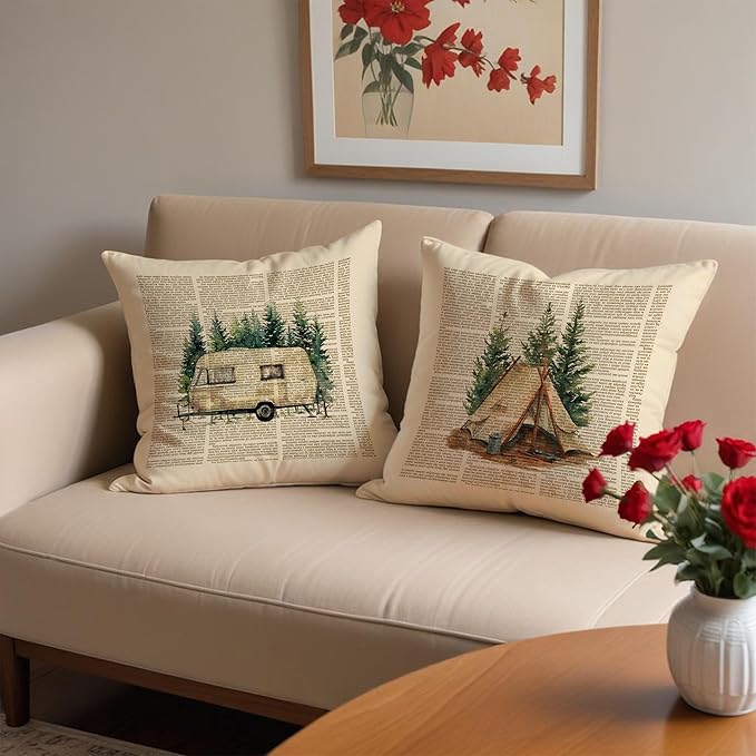 Vintage Camping Pillow Covers 18x18 Set of 2, Gifts for Campers Camping Lovers, Retro Forest Camper Camp Decorative Throw Pillow Covers for Couch Sofa Bedroom Living Room Home