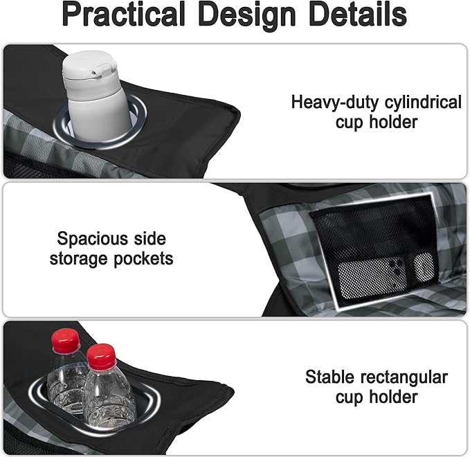 Youtanic Padded Camping Chairs for Adults, Heavy Duty 400 lbs Foldable Lawn Chair, Oversized Ergonomic Outdoor Seat with Classic Plaid Design, Cup Holders & Storage Pockets for Fishing, Sports, Black