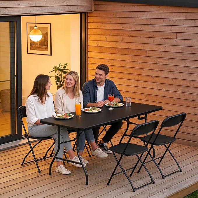 Folding Table, 6FT Foldable Picnic Table with Carrying Handle, Heavy Duty Fold-in-Half Portable Table for Weddings, Camping, RV Travel, Parties, BBQs, and Indoor Use, Easy to Fold and Store, Black